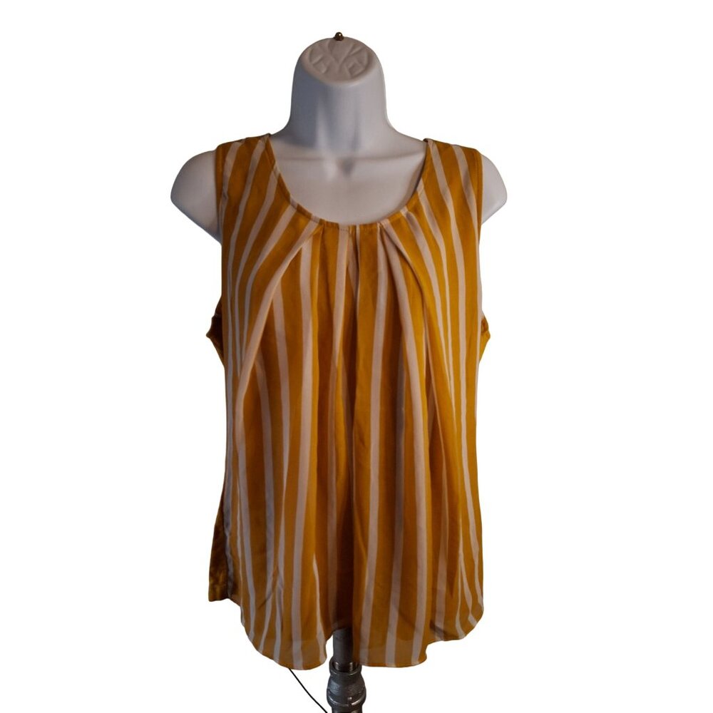 NY & Co Women Sleeveless Top M Yellow White Striped Pleated Scoop Neck Lagenlook